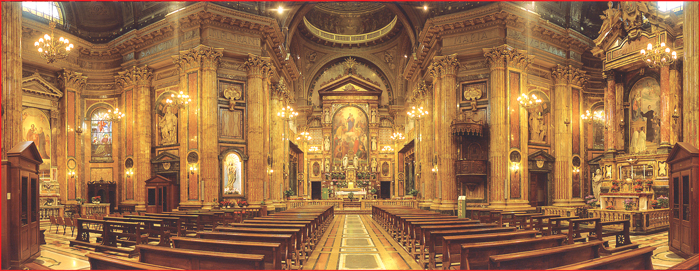 A imagem do interior da Basílica de Maria Auxiliadora, em Turim (Itália), onde foi colocado o quadro de Maria, Mãe da Igreja. Este Santuário foi erigido por São João Bosco como monumento de reconhecimento à Virgem Maria, com o título AUXILIADORA.